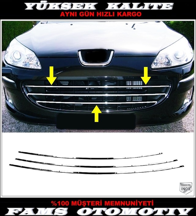 Peugeot 407 Krom Ön Panjur 3 Prç. 2004 Üzeri P.Çelik