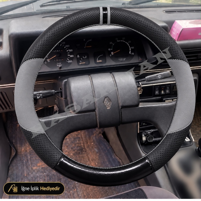 Renault R11 Flash Dikme Direksiyon Kılıfı Delikli Deri Parlak Siyah Gri Detay Çift Yüzük Ve Dikiş Flash S 1988-1995