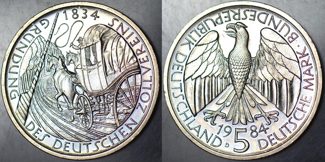 Banknoting Almanya 5 Mark 1984 D Hatıra-gümrük Birliği 150. Yılı Çil.