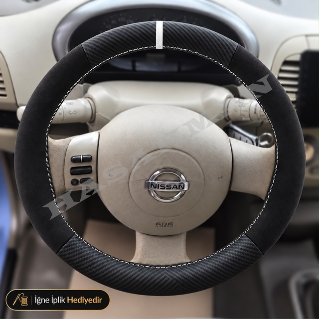 Nissan Note E11 Dikme Direksiyon Kılıfı Alcantara Süet Mat Karbon Beyaz Yüzük Ve Dikiş Tekna-solu Tuşlu 2006-2013