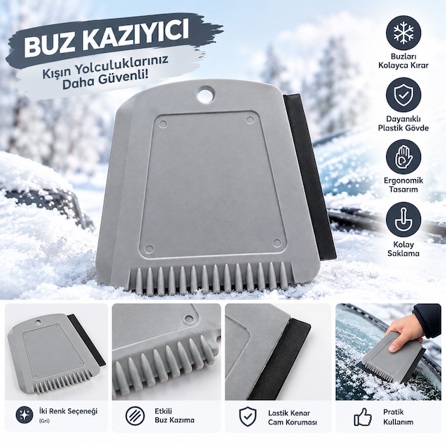 Arkado Araç Buz Kazıyıcı Gri Plastik Buz Temizleme Aparatı Lastik Kenarlı Kışlık Oto Aksesuarı