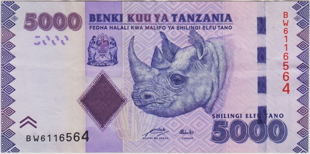 Tanzanya 5000 Şilin 2010 Gergedan. Çok Çok Temiz.