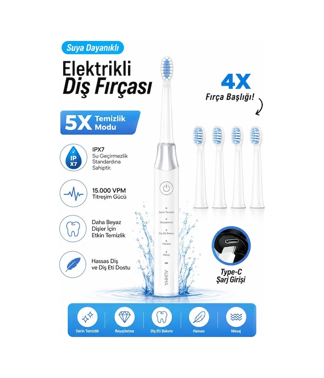 Robeve Auhma Amf13 Elektrikli Diş Fırçası 15.000 Vpm Sonic Titreşim 5 Temizlik Modu 4 Yedek Fırça Başlığı Type-c Şarj Ipx7 Suya Dayanıklı Şarjlı Diş Fırçası Beyaz