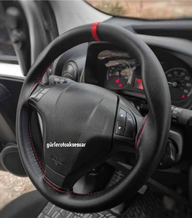 Fiat Doblo Uyumludur Deri Dikme Direksiyon Kılıfı Soft Kırmızı Yüzüklü Model