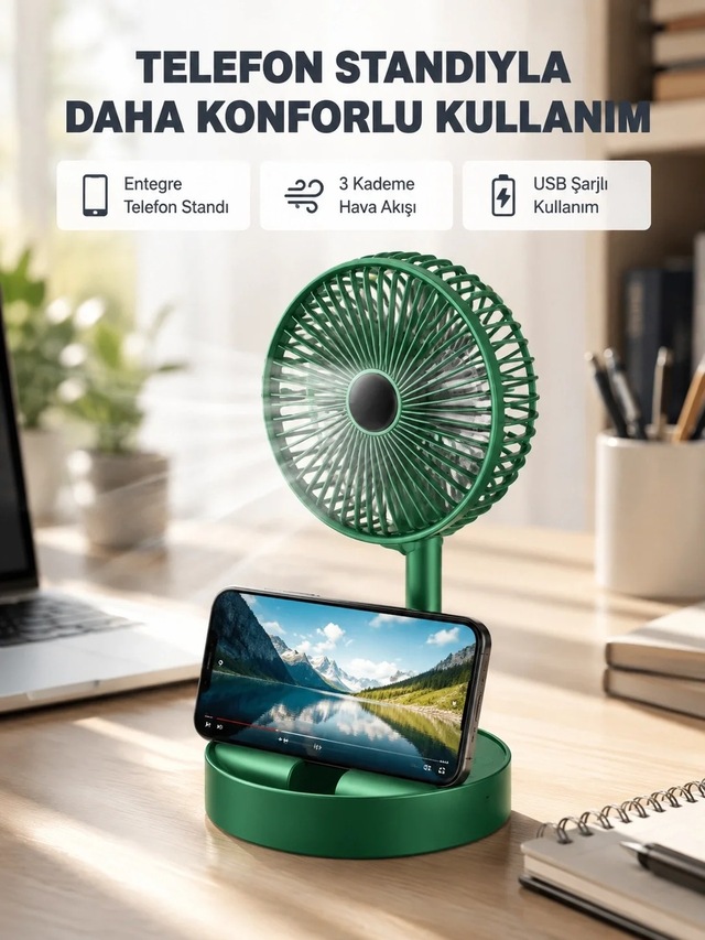 Ers Taşınabilir Şarjlı Mini Fan Katlanabilir Gövde, 3 Hız Kademesi