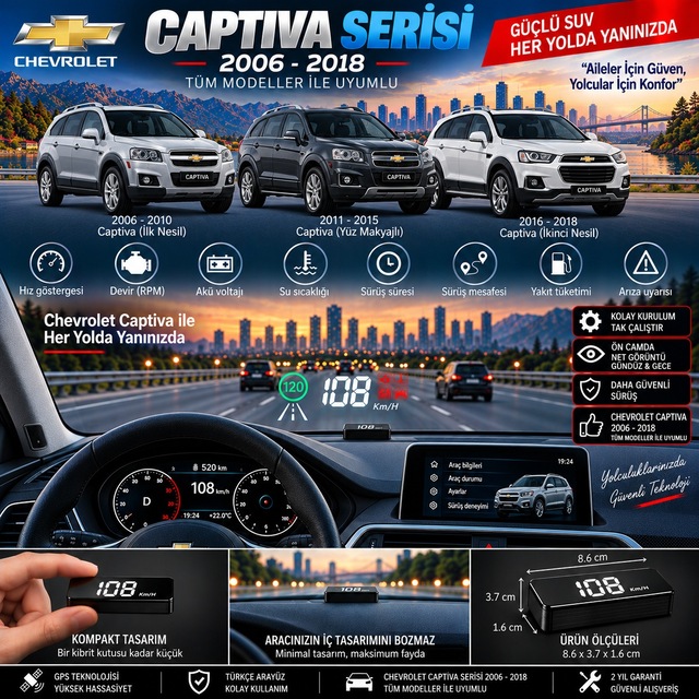 Chevrolet Captiva Serisi 2006-2018 Modeller İçin Head Up Display Hayalet Gösterge Ekranı Ön Cam Hız Göstergesi