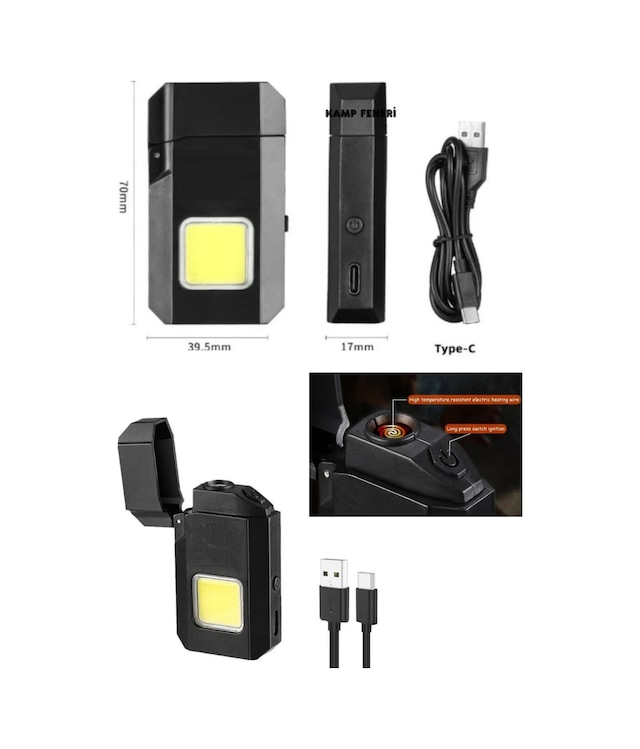 Siyah Gazsız Rezistanslı Elektrikli Usb Şarjlı Çakmak Mini Cob El Fenerli 2 In 1 Mini Projektörlü