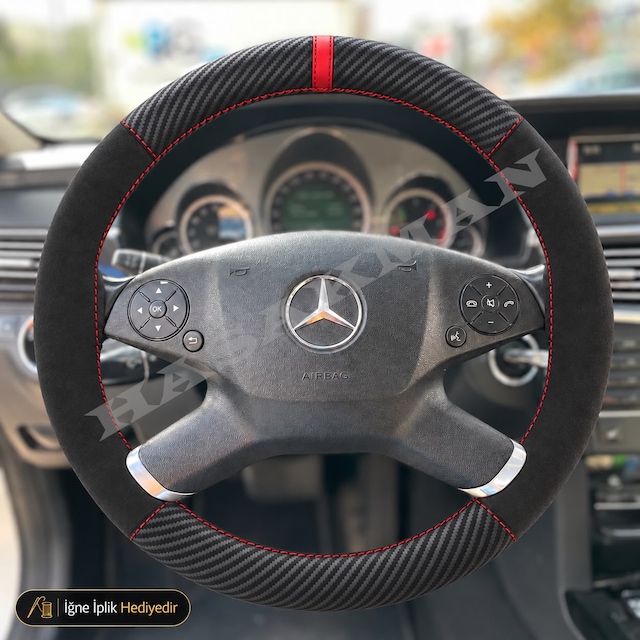 Mercedes E W212-s212 Dikme Direksiyon Kılıfı Alcantara Süet Mat Karbon Kırmızı Yüzük Ve Dikiş Elegance-avantgarde-premium 2009-2013