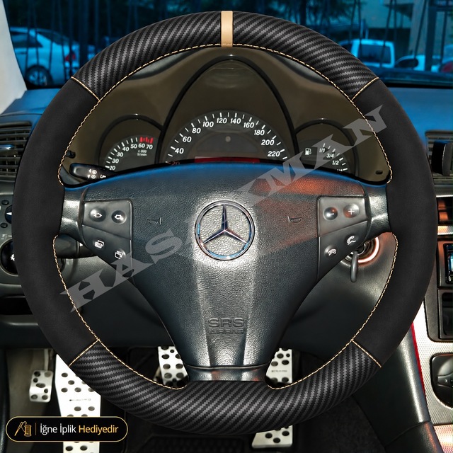 Mercedes Clc Cl203 Dikme Direksiyon Kılıfı Alcantara Süet Mat Karbon Bej Yüzük Ve Dikiş Sport Coupe-3 Kollu-üçgenimsi 2008-2011