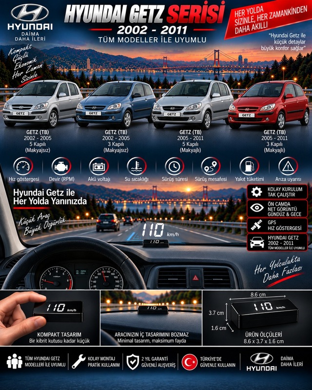 Hyundai Getz 2002-2011 Modeller İçin Head Up Display Hayalet Gösterge Ekranı Ön Cam Hız Göstergesi