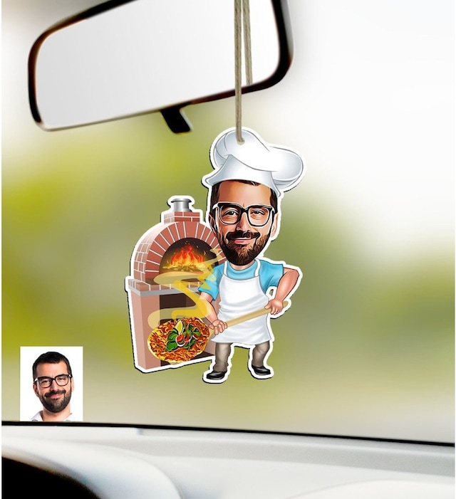 Kişiye Özel Bay Kebapçı Karikatürlü Ahşap Araba Dikiz Ayna Süsü