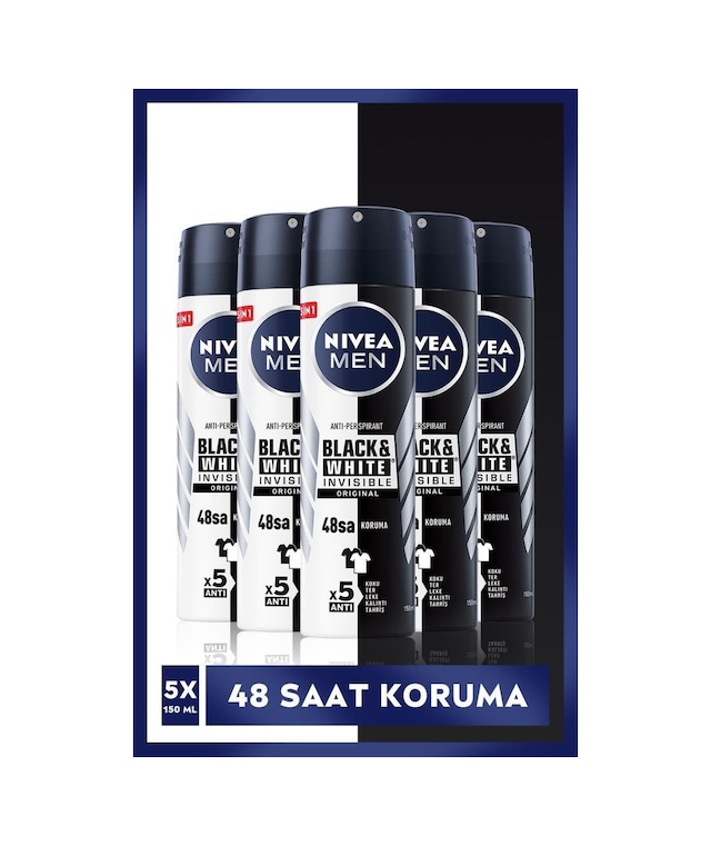 Nivea Invisible Black & White 48H Original Erkek Sprey Deodorant 5 x 150 ML