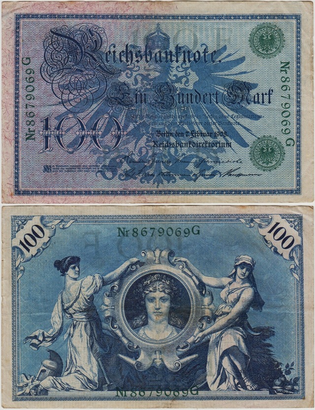 Almanya 100 Mark 1908 Yeşil Mühür. Ççt.
