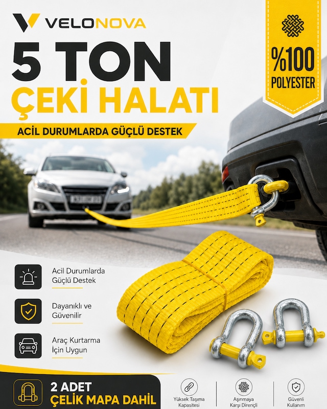 5 Ton Çekme Halatı 3 Metre 5 Cm 2 Adet Omega Kilitli Çelik Mapa Ce Belgeli %100 Polyester Araç Kurtarma Halatı Sarı