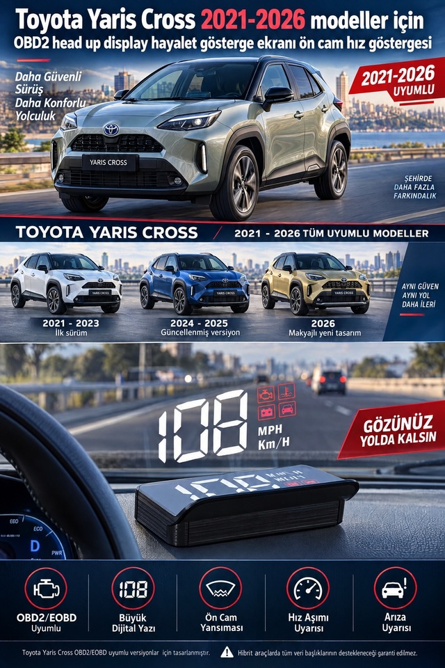 Toyota Yaris Cross 2021-2026 Modeller İçin Obd2 Head Up Display Hayalet Gösterge Ekranı Ön Cam Hız Göstergesi