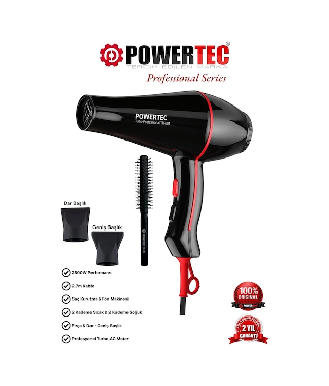 Powertec TR-601 Profesyonel Fön Makinesi + Berber Fön Fırçası