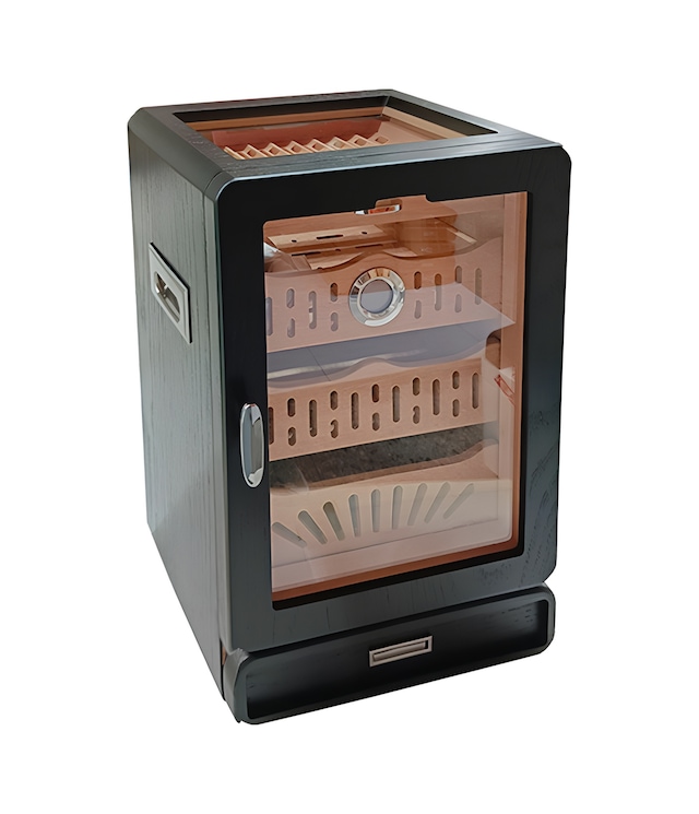 Premiumquality Siyah Aksesuar Çekmeceli Camlı Sedir Humidor Puro Kutusu - Tr8823
