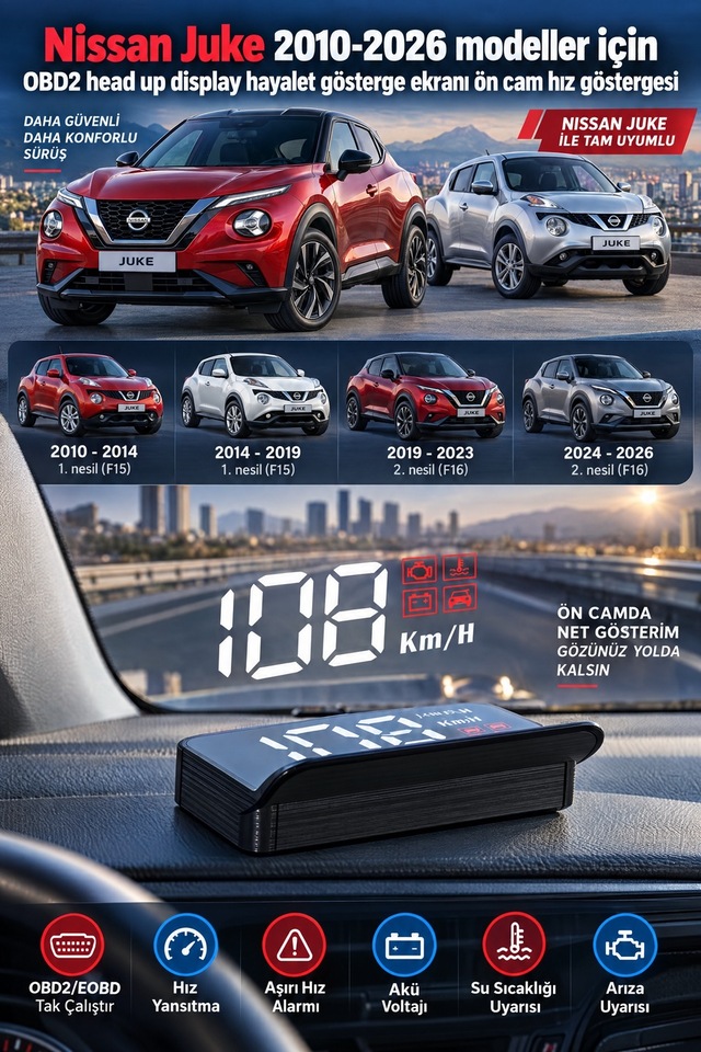 Nissan Juke 2010-2026 Modeller İçin Obd2 Head Up Display Hayalet Gösterge Ekranı Ön Cam Hız Göstergesi