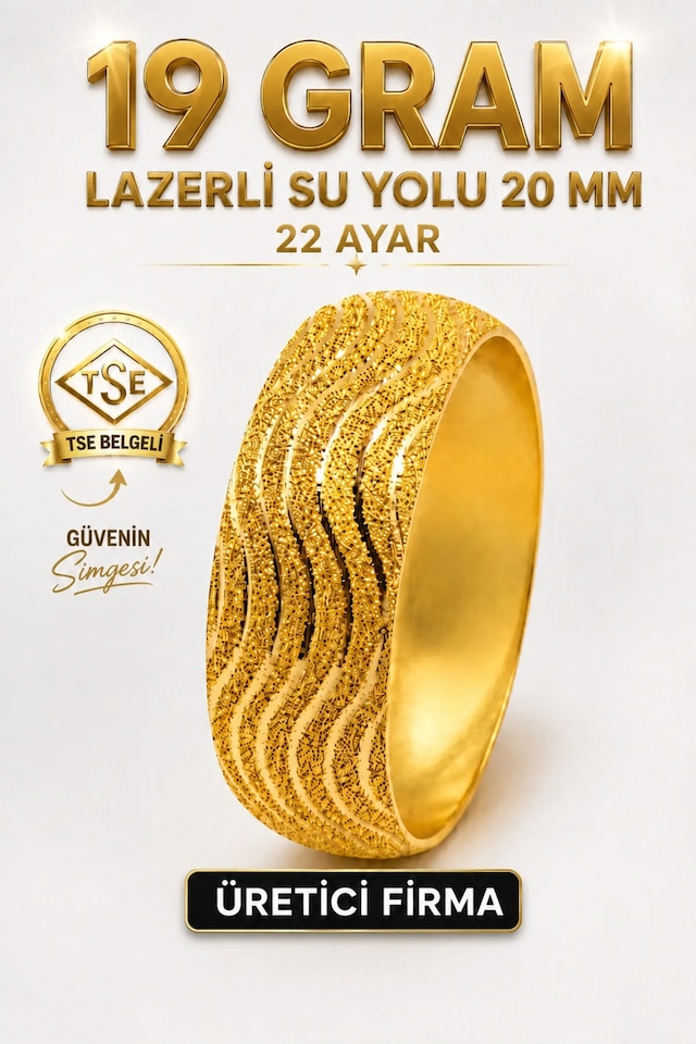 22 Ayar Tse Belgeli 19 Gram Lazerli Su Yolu Mega Altın Bilezik 20 Mm Ajda İşçiliksiz