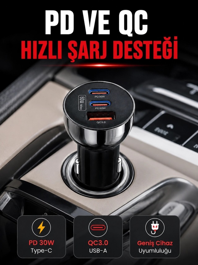 Mey İthalat 3 Portlu Araç İçi Şarj Adaptörü Çift Pd Type-c Ve Qc3.0 Usb Çıkışlı