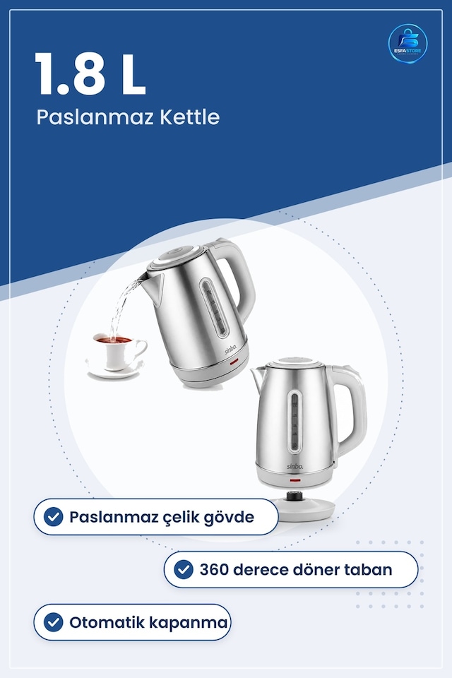 Kablosuz Su Isıtıcı Paslanmaz Çelik 1.8l Kettle Döner Taban Oto
