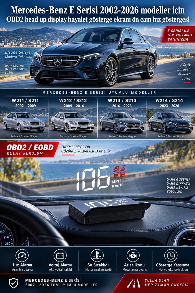 Mercedes-benz E Serisi 2002-2026 Modeller İçin Obd2 Head Up Display Hayalet Gösterge Ekranı Ön Cam Hız Göstergesi