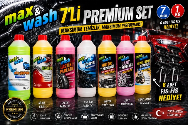 Max&wash 7'li Profesyonel Oto Bakım Seti 1 Kg Cilalı Oto Şampuan + Hızlı Cila + Lastik Parlatıcı + Torpido Süt + Motor + Jant + Genel Detay Temizleyici 6 Adet Fıs Fıs Hediyeli