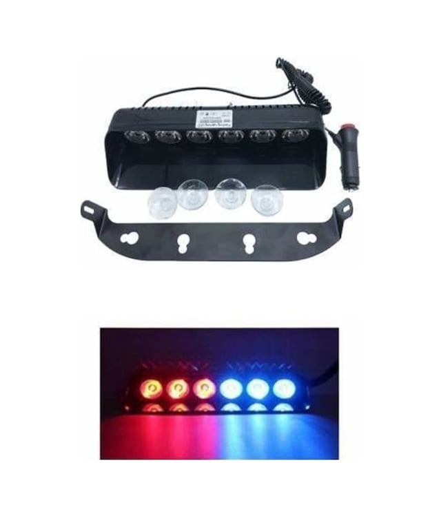 12V Escort Çakar Flaş (6 Ledli) Lamba Kırmızı/Mavi (Vantuzlu) 18W