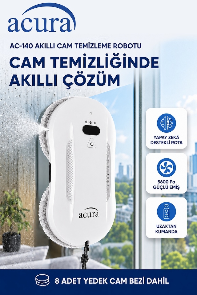 Acura AC-140 Sıvı Püskürtmeli Aı Cam Silme Robotu Uzaktan Kumandalı + 8 Yedek Ped