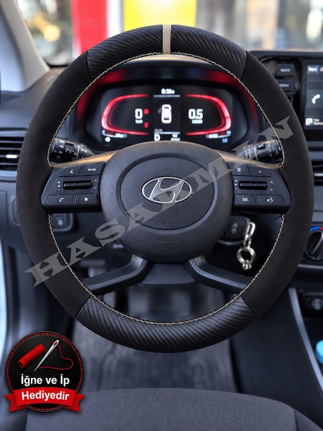 Hyundai İ20 Dikme Direksiyon Kılıfı Alcantara Süet Mat Karbon Bej Yüzük Ve Dikiş 2020-2026