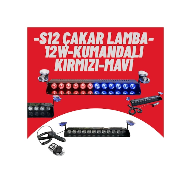 S12 Cam İçi Profesyonel İkaz Lambası Vantuzlu, Çakmaklık Girişli, Kumandalı Kırmızı-mavi
