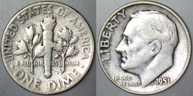 Amerika 1 Dime 1951 Gümüş One Dıme. Roosevelt Portreli. 2,5 Gr.