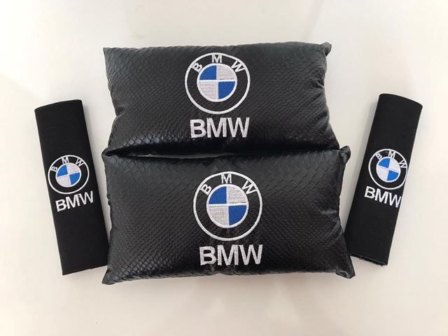 Bmw Nakışlı Deri 2 Adet Boyun Yastık Ve 2 Adet Kemer Pedi Siyah