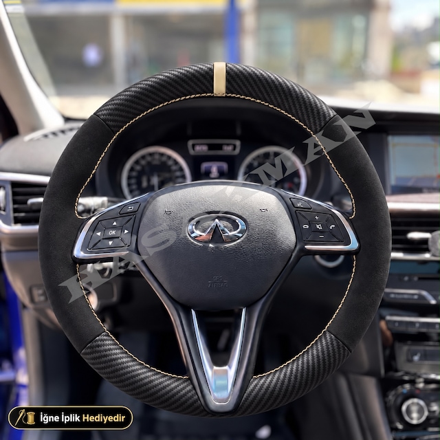 Infiniti Qx30 Dikme Direksiyon Kılıfı Alcantara Süet Mat Karbon Bej Yüzük Ve Dikiş Awd-premium-sport 2016-2020