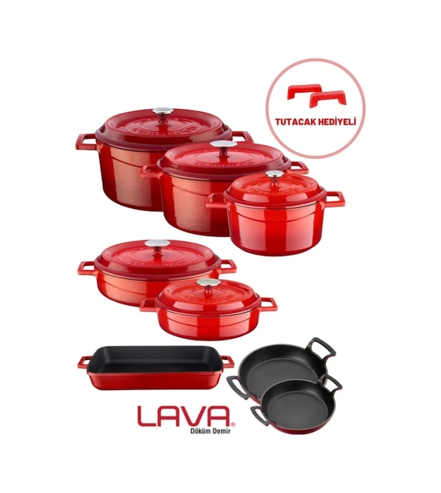 Lava Döküm Sekizli Tencere Tava Seti Trendy Kırmızı Silikon Tuta