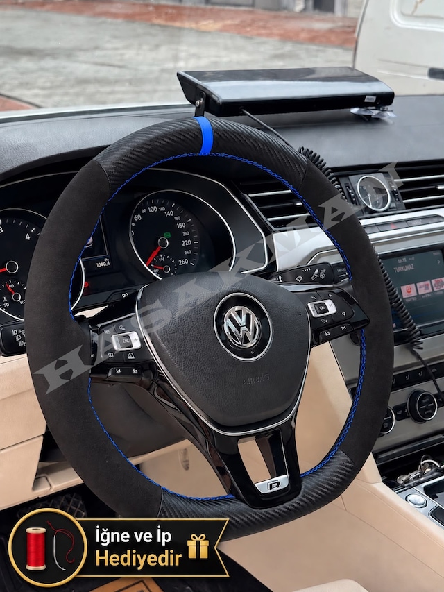 Vw Golf 7.5 Dikme Direksiyon Kılıfı Alcantara Süet Mat Karbon Mavi Yüzük Ve Dikiş 2017-2020