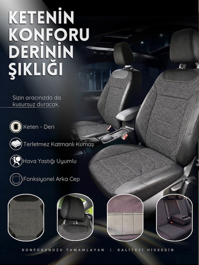 Linum Serisi Keten Kumaş Oto Koltuk Kılıfı Siyah