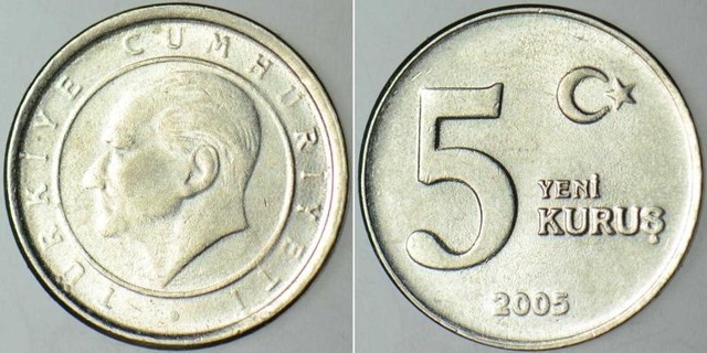 Türkiye Cumhuriyeti 5 Yeni Kuruş 2005. Çil - Kondisyon.