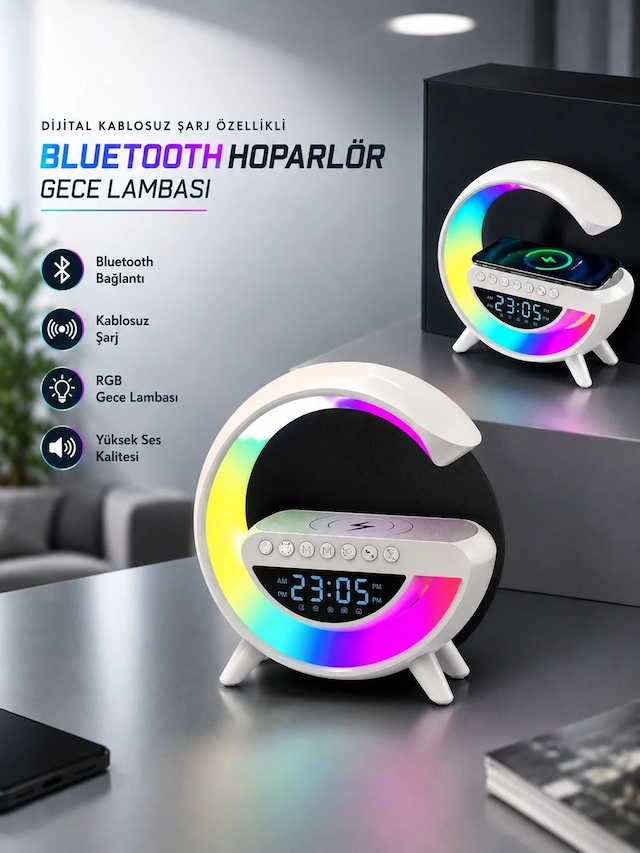 Ers Bluetooth Hoparlör 15w Kablosuz Hızlı Şarj Led Gece Lambası