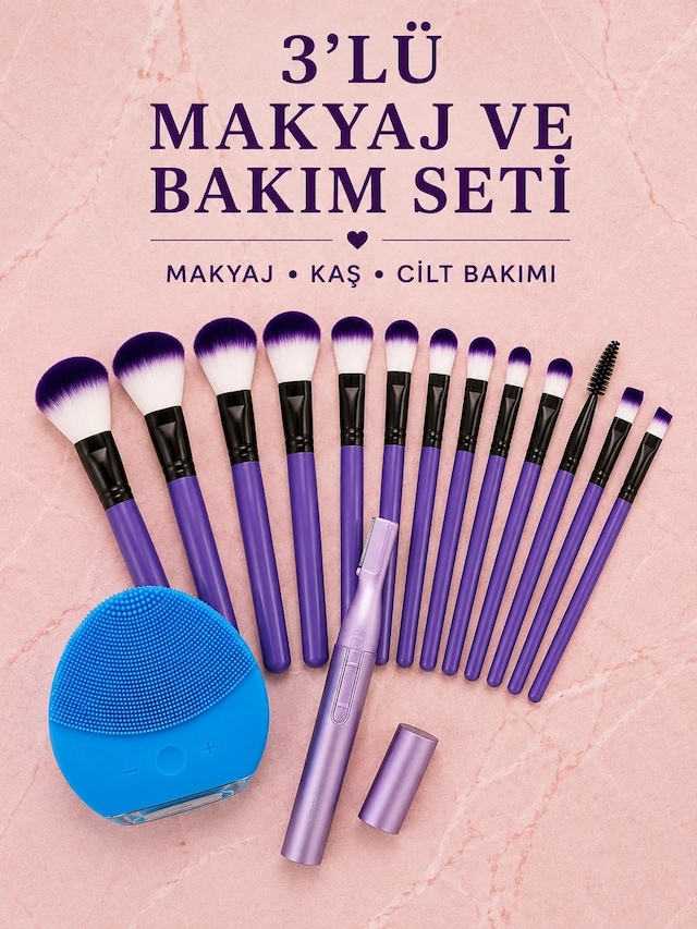 3 Lü Makyaj Ve Cilt Bakım Seti 12 Parça Makyaj Fırçası Kaş Alma Düzeltme Ve Silikon Yüz Temizleme Ci