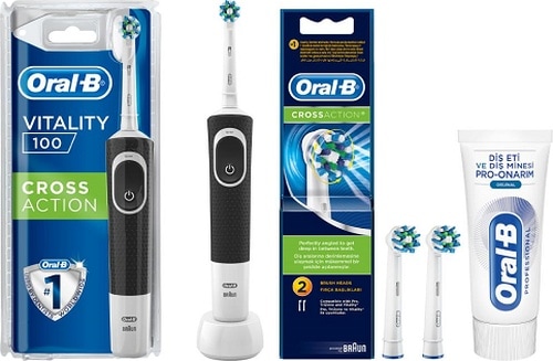 Oral-B Vitality D100 Cross Action Siyah Elektrikli Diş Fırçası + Cross Action Yedek Başlık 2'li + Diş Macunu 50 ML