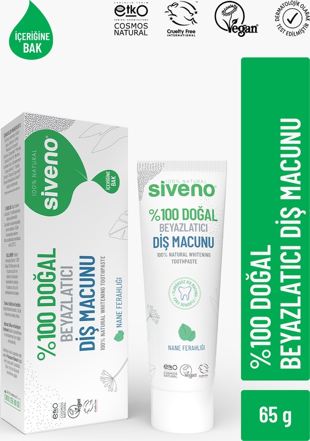 Siveno %100 Doğal Diş Macunu Beyazlatıcı Nane Ferahlığı Florürsüz 65 G