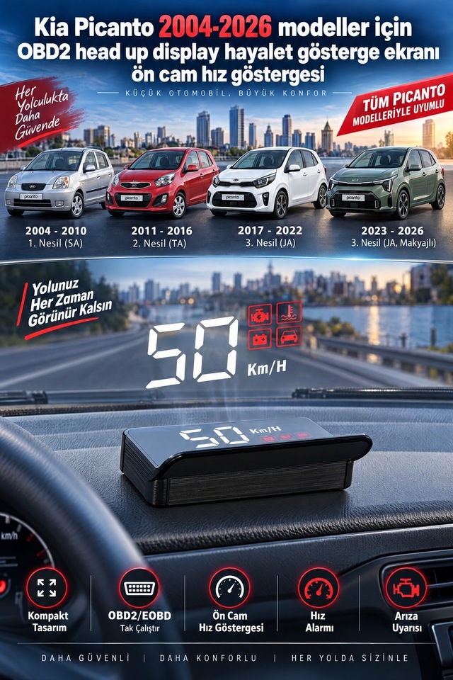 Kia Picanto 2004-2026 Modeller İçin Obd2 Head Up Display Hayalet Gösterge Ekranı Ön Cam Hız Göstergesi