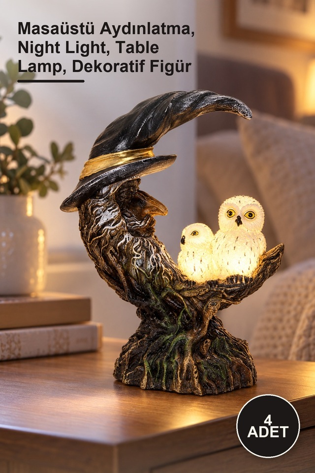4 Adet Ay Ağacı Baykuş Ledli Dekoratif Gece Lambası Masaüstü Aydınlatma, Night Light, Table Lamp, Dekoratif Figür
