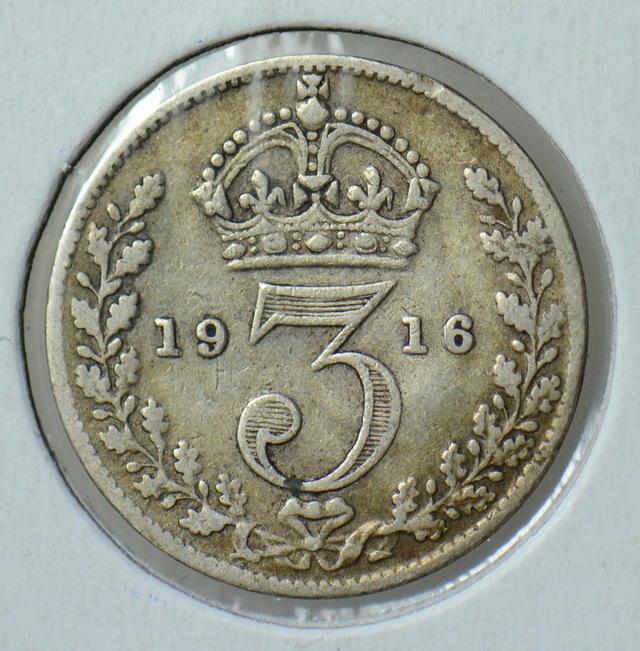Birleşik Krallık 3 Pence 1916 Gümüş. Kral 5. George. 16 Mm. İngiltere. Leuchtturm Kapamada.