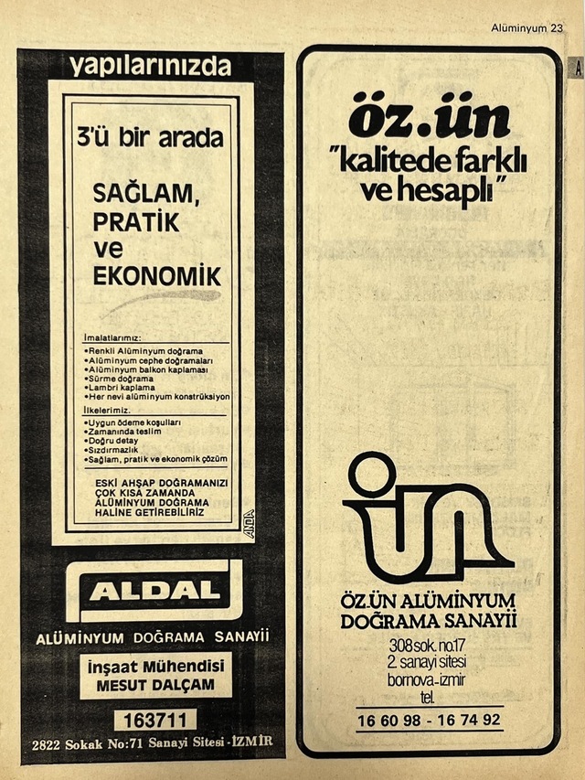 İzmir 1982-1983 Meslek Reklam İlanı Efemera S23 Teşhir Ürün