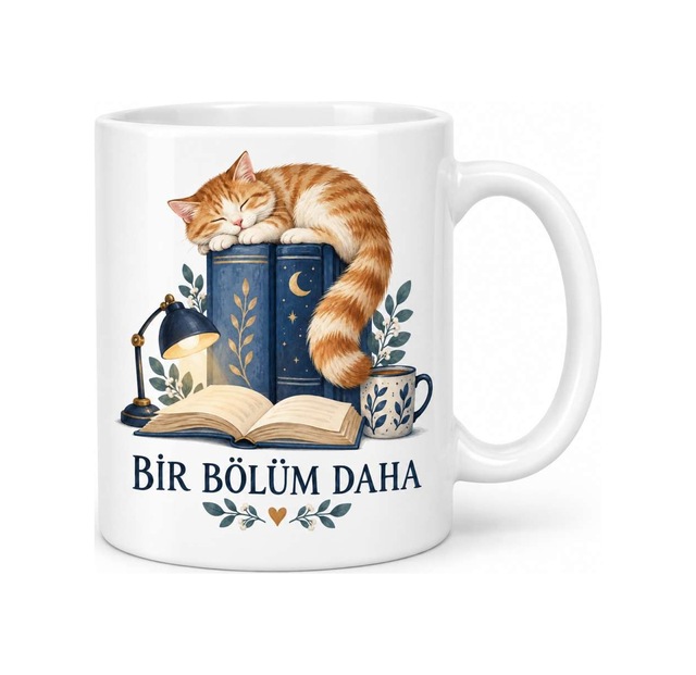 Bir Bölüm Daha Kitap Ve Uyuyan Kedi Tasarımlı Porselen Kupa - Model 259