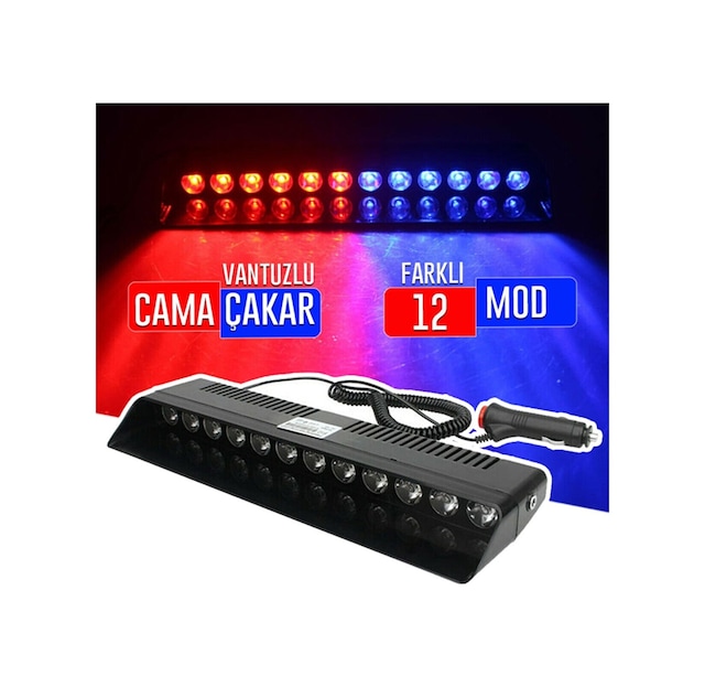 S12 Cam İçi Vantuzlu PolisLambası 12 Ledli Kırmızı Mavi Çakmaklık Girişli (00) (ŞüsCarOto Aksesuar)