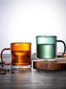 Linanware 2'li Çift Çidarlı Borosilikat Cam Nostaljik Kahverengi Yeşil Kupa Bardak 350ml Dsg-26