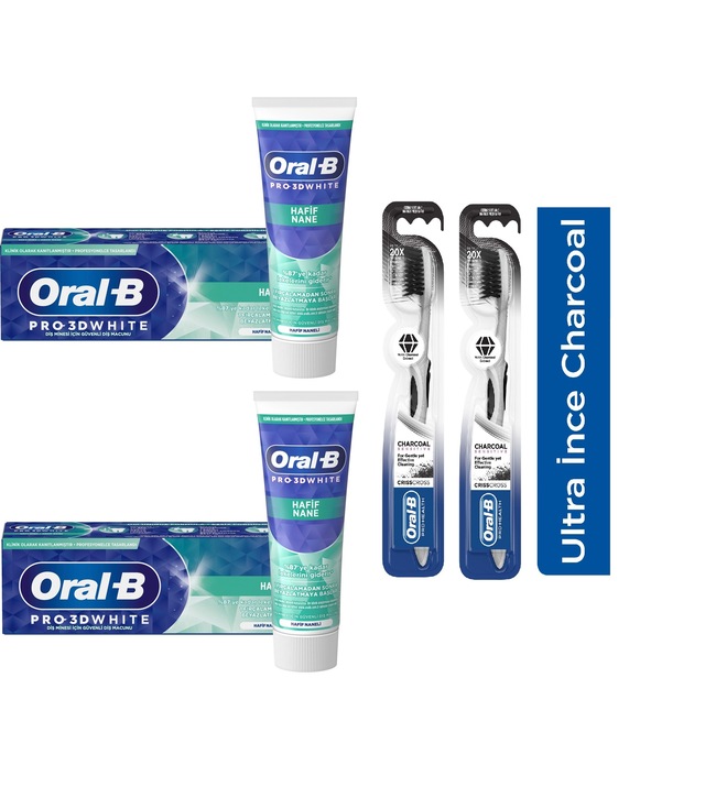 Oral-B 3D White Hafif Nane Diş Macunu 2 x 75 ML + Health Kömür Ultra İnce Diş Fırçası 2'li